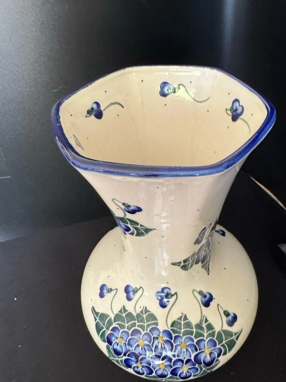 W R Unikat Polish Pottery Vase Blue Flowers and Greenery Crazing